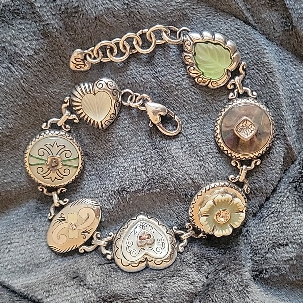 BRIGHTON Heart Flower Leaf Link Bracelet Silver Crystal Enamel